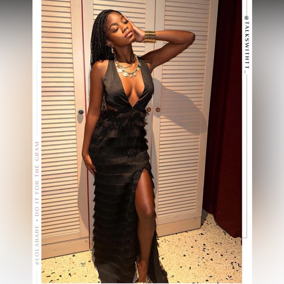 *NWT Miss Lola NOCHE DE AMOR FRINGE SKIRT MAXI DRESS - BLACK - Picture 4 of 7